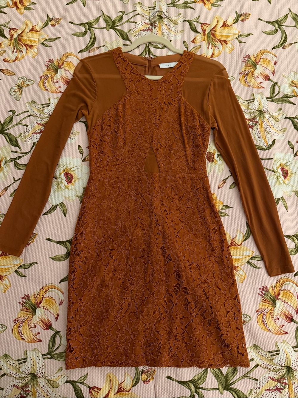 Lush Rust Lace-Overlay Long Sleeve Bodycon Dress